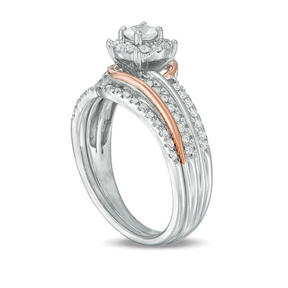 Lab-Created White Sapphire and 0.2 CT. TW Diamond Frame Swirl Bridal Set in Sterling Silver and 10K Rose Gold