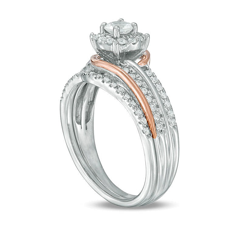 Lab-Created White Sapphire and 0.2 CT. TW Diamond Frame Swirl Bridal Set in Sterling Silver and 10K Rose Gold