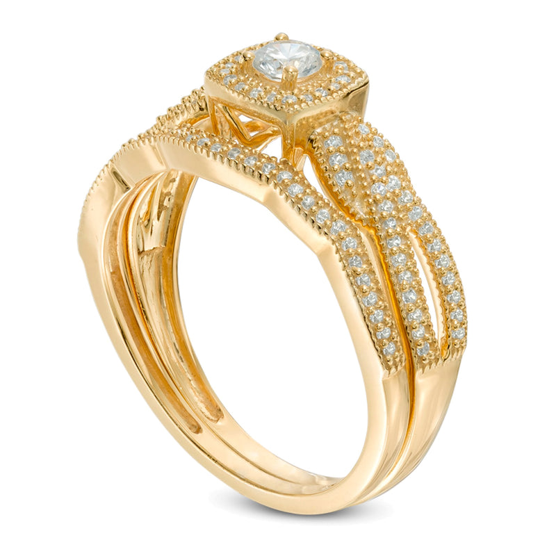 0.33 CT. TW Diamond Cushion Frame Vintage-Style Twist Shank Bridal Set in 10K Gold