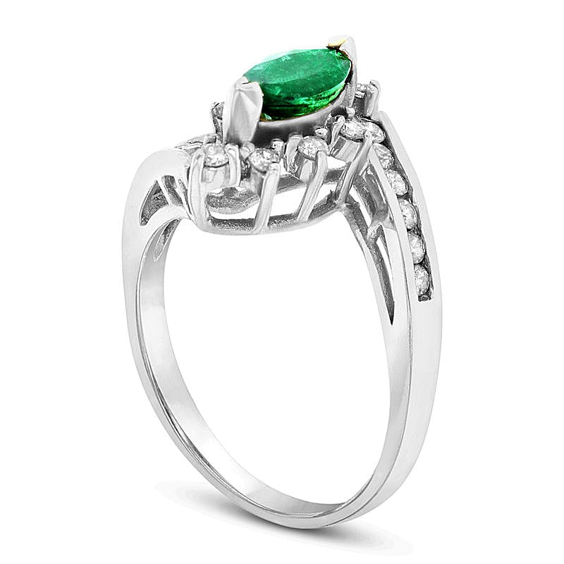 Marquise Emerald and 0.33 CT. TW Diamond Starburst Frame Bypass Ring in 14K White Gold