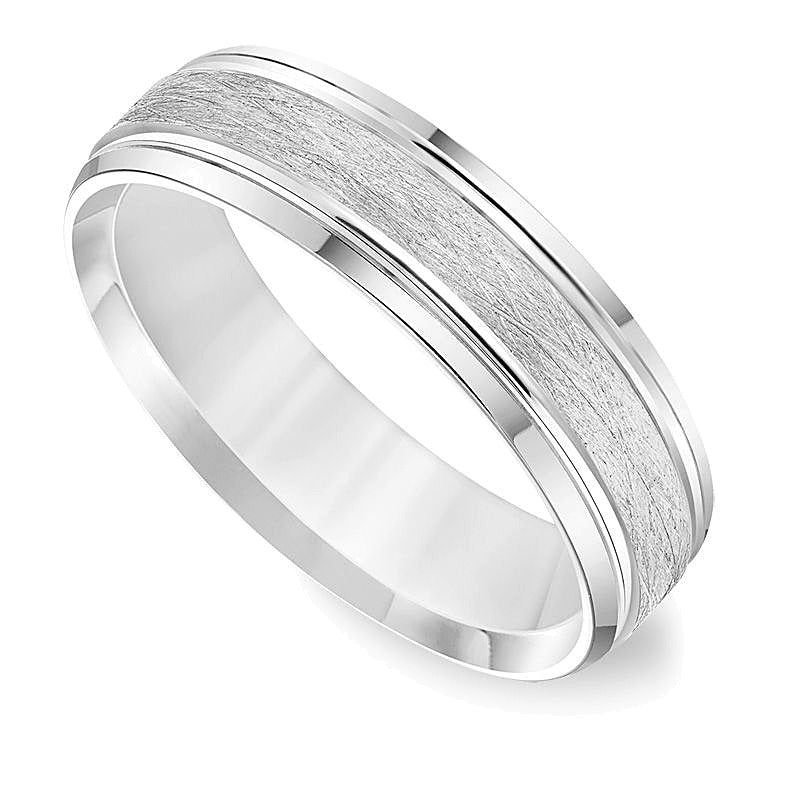 6.0mm Comfort-Fit Brushed Grooved Edge Wedding Band in 14K White Gold
