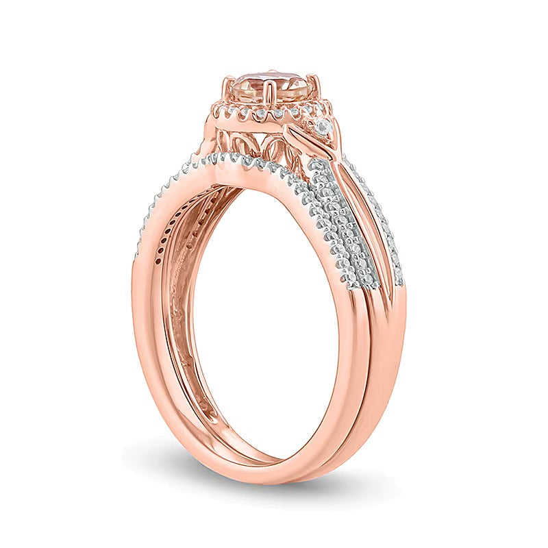 5.0mm Morganite and 0.25 CT. TW Diamond Frame Chevron-Sides Split Shank Bridal Set in 10K Rose Gold