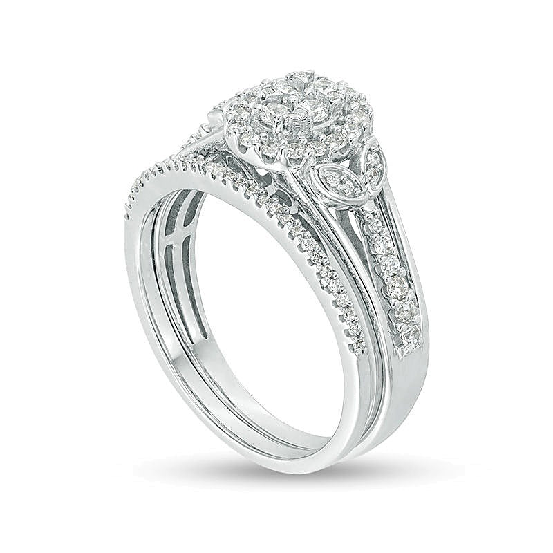 0.5 CT. TW Oval Composite Diamond Leaf-Sides Bridal Set in Sterling Silver