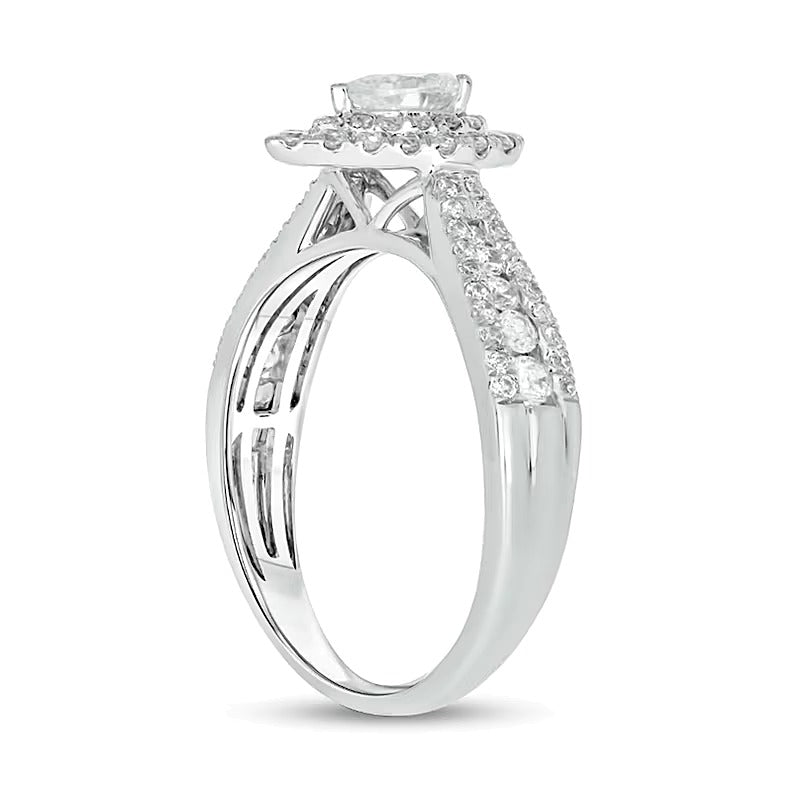 1.0 CT. TW Pear-Shaped Diamond Double Frame Triple Row Tapered Shank Engagement Ring in 10K White Gold