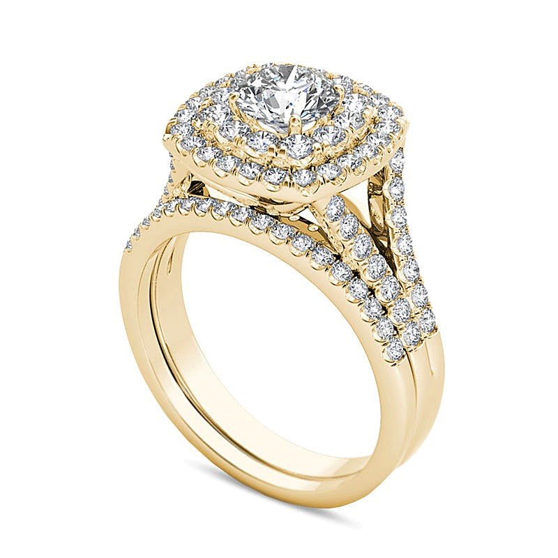 2.0 CT. TW Diamond Double Cushion Frame Split Shank Bridal Set in 14K Gold