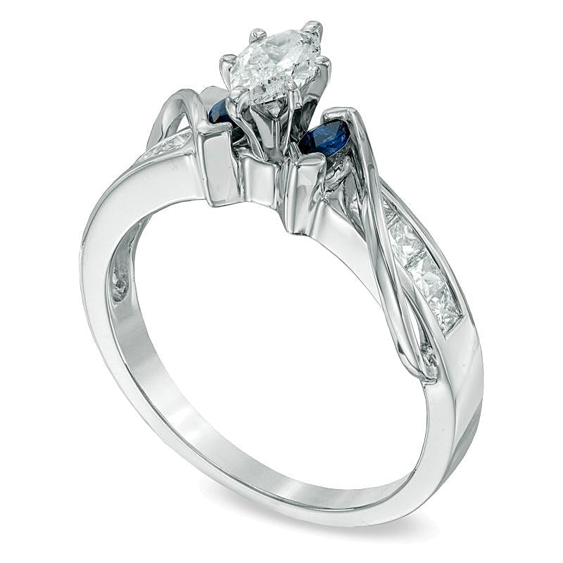 0.63 CT. TW Marquise Diamond and Blue Sapphire Three Stone Ring in 14K White Gold