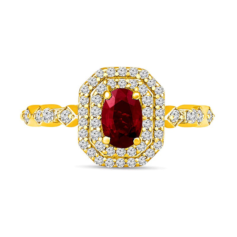 Oval Ruby and 0.33 CT. TW Diamond Octagon Frame Art Deco Ring in 10K Gold