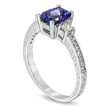 Cushion-Cut Tanzanite and 0.25 CT. TW Diamond Engagement Ring in 14K White Gold