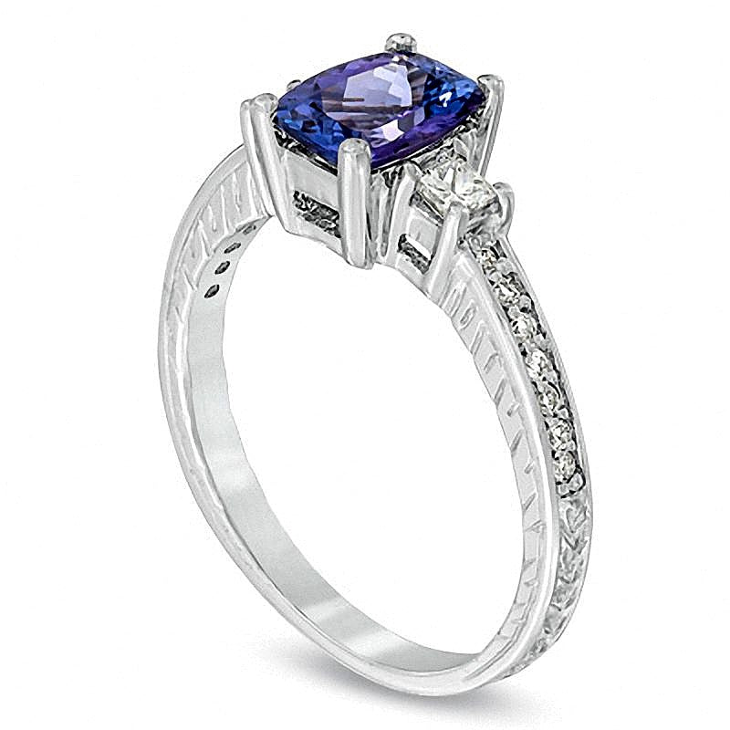 Cushion-Cut Tanzanite and 0.25 CT. TW Diamond Engagement Ring in 14K White Gold
