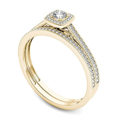 0.33 CT. TW Diamond Cushion Frame Vintage-Style Bridal Set in 14K Gold