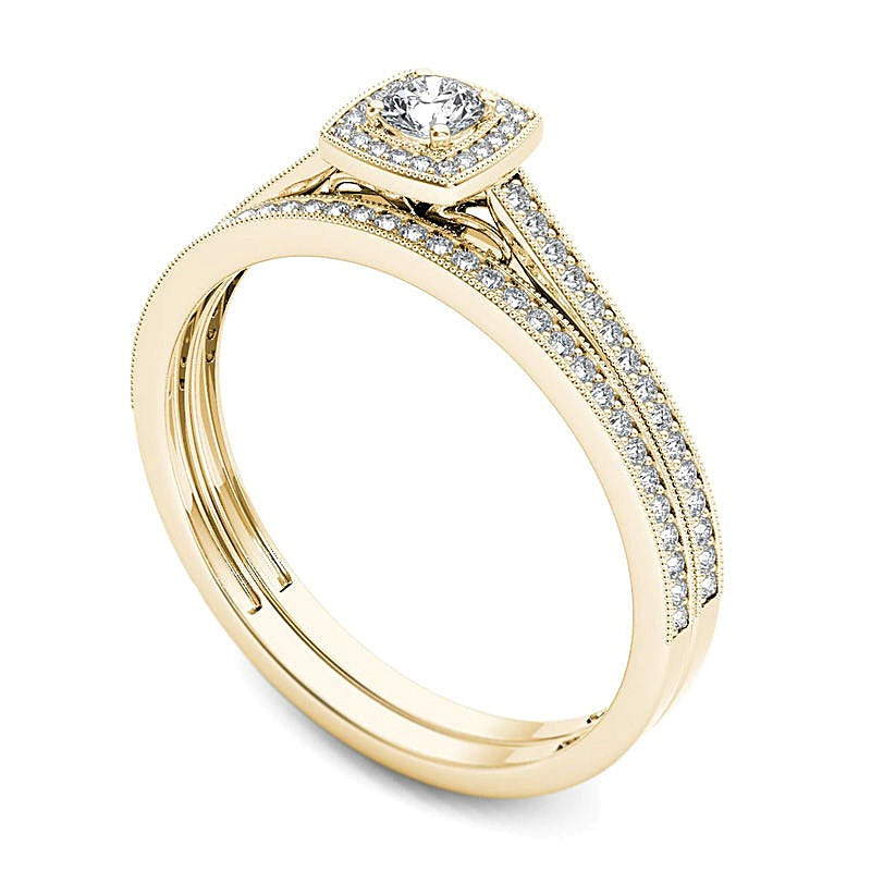 0.33 CT. TW Diamond Cushion Frame Vintage-Style Bridal Set in 14K Gold