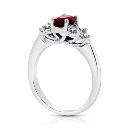 Oval Ruby and 0.33 CT. TW Diamond Tri-Sides Engagement Ring in 14K White Gold