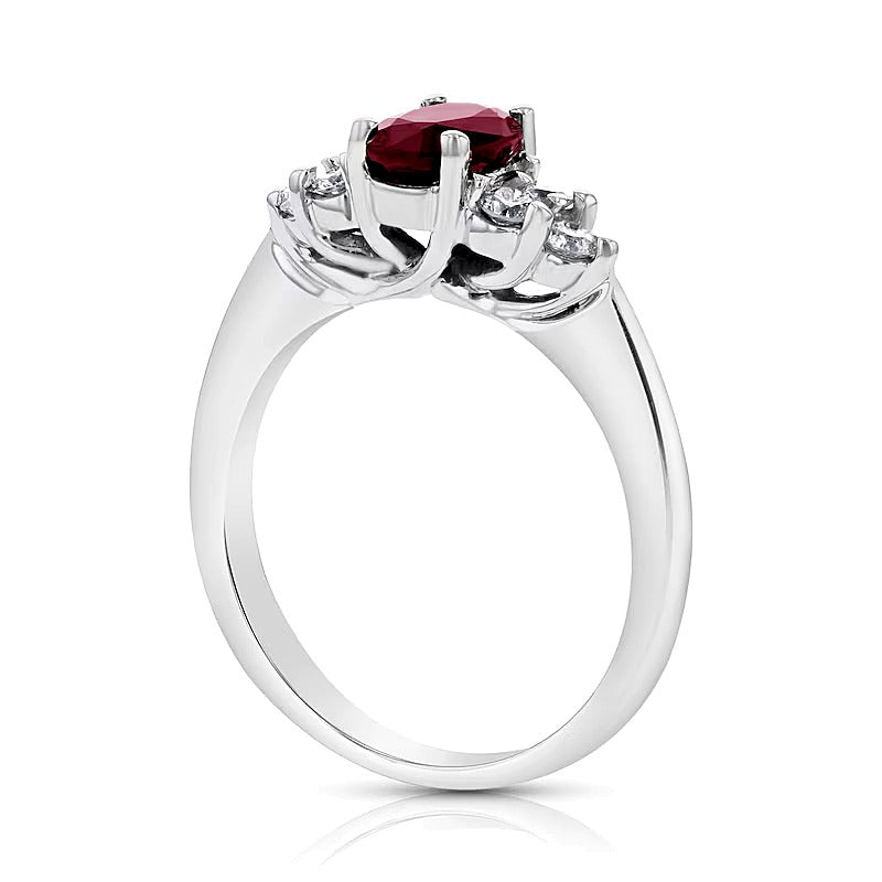 Oval Ruby and 0.33 CT. TW Diamond Tri-Sides Engagement Ring in 14K White Gold