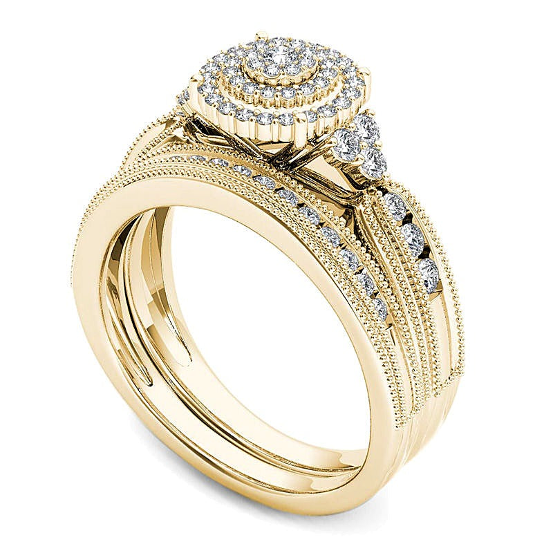 0.5 CT. TW Diamond Triple Frame Tri-Sides Vintage-Style Bridal Set in 10K Gold