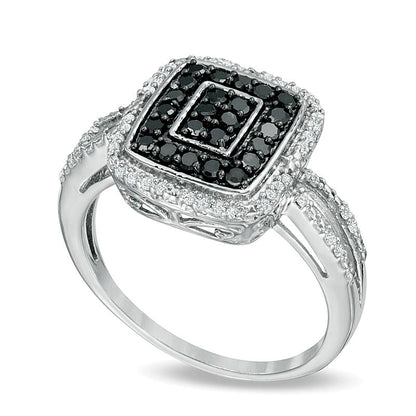 0.5 CT. TW Enhanced Black and White Composite Diamond Double Rectangle Frame Ring in Sterling Silver