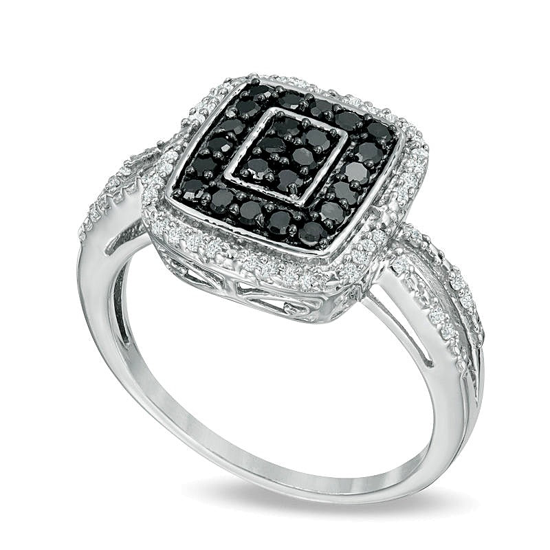 0.5 CT. TW Enhanced Black and White Composite Diamond Double Rectangle Frame Ring in Sterling Silver