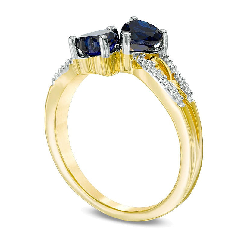 5.0mm Heart-Shaped Lab-Created Blue Sapphire and Diamond Accent Mirrored Split Shank Scroll Ring in 10K Gold