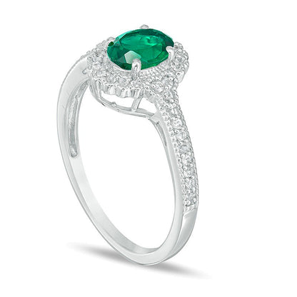 Oval Lab-Created Emerald and 0.13 CT. TW Diamond Frame Vintage-Style Ring in 10K White Gold