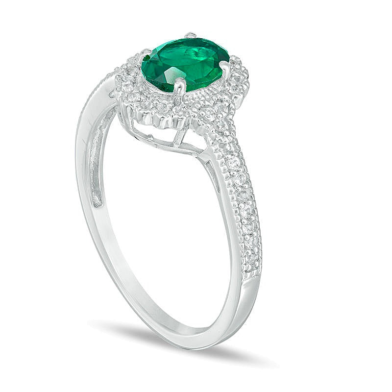 Oval Lab-Created Emerald and 0.13 CT. TW Diamond Frame Vintage-Style Ring in 10K White Gold