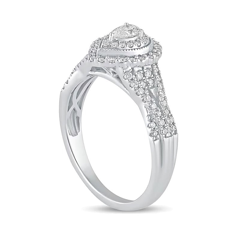 0.5 CT. TW Pear-Shaped Diamond Frame Vintage-Style Multi-Row Engagement Ring in 10K White Gold