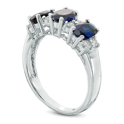 Oval Lab-Created Blue and White Sapphire Three Stone Ring in 10K White Gold