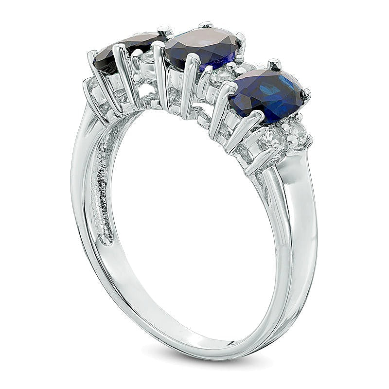 Oval Lab-Created Blue and White Sapphire Three Stone Ring in 10K White Gold