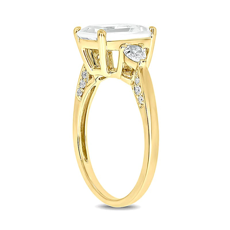 Emerald-Cut White Lab-Created Sapphire and 0.1 CT. TW Diamond Side Accent Ring in Sterling Silver and 14K Gold Plate