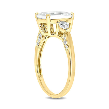 Emerald-Cut White Lab-Created Sapphire and 0.1 CT. TW Diamond Side Accent Ring in Sterling Silver and 14K Gold Plate