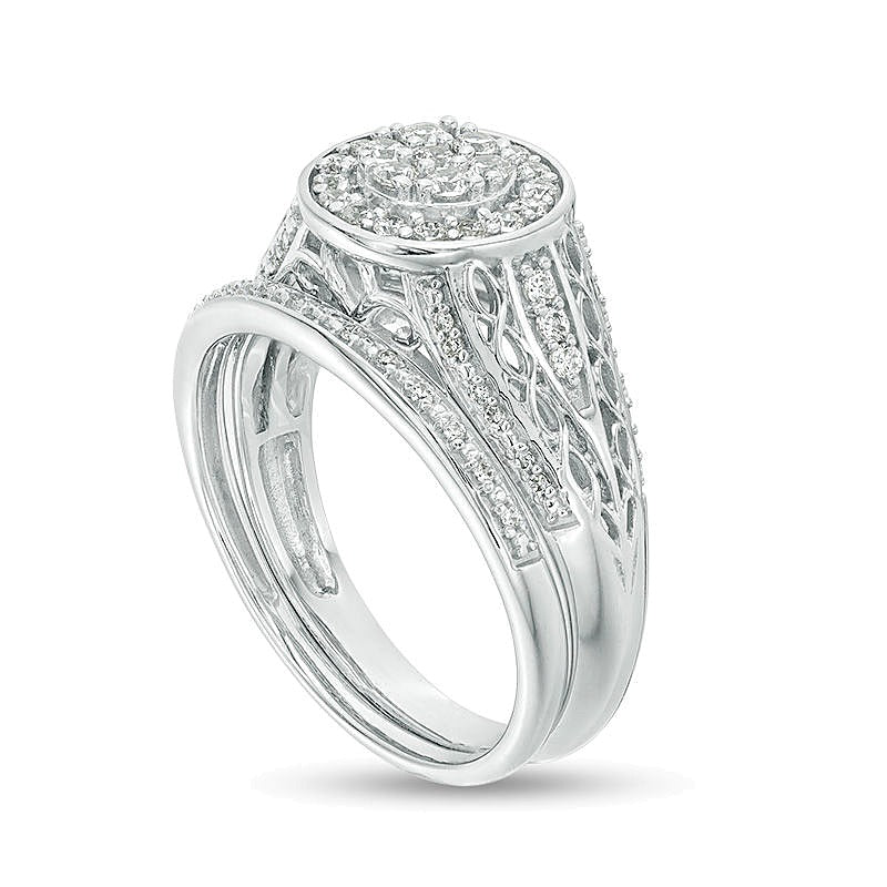 0.5 CT. TW Composite Diamond Double Frame Filigree Bridal Set in Sterling Silver