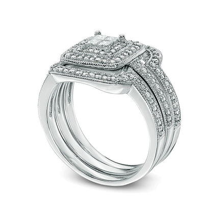 0.33 CT. TW Quad Princess-Cut Diamond Layered Frame Vintage-Style Three Piece Bridal Set in Sterling Silver