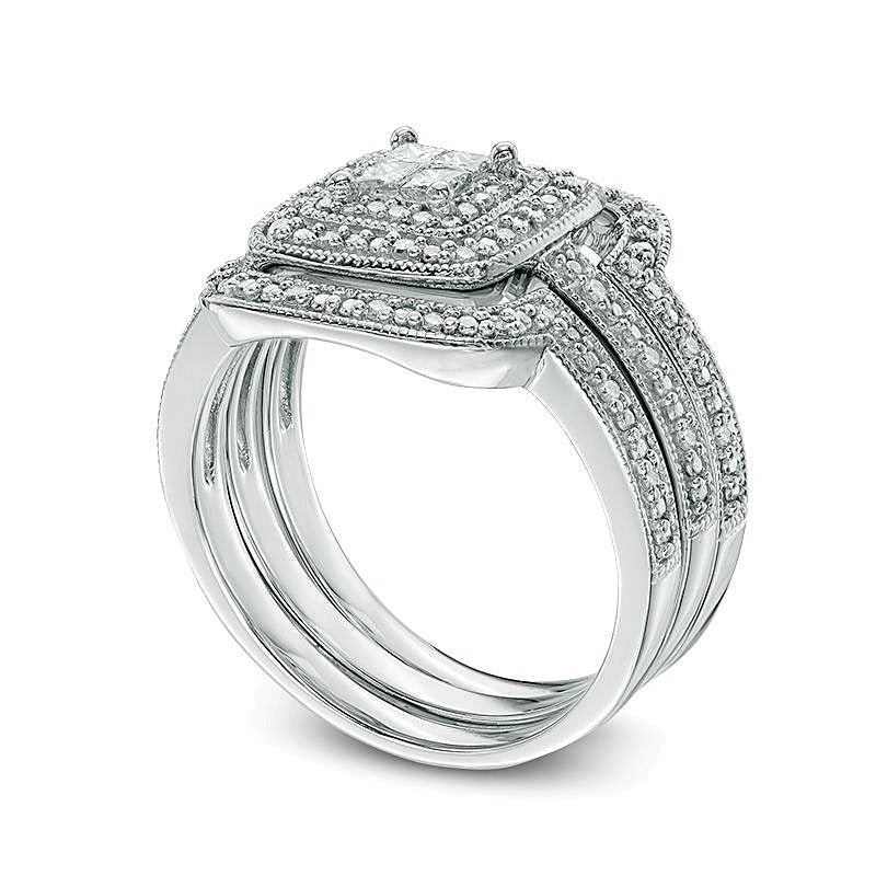 0.33 CT. TW Quad Princess-Cut Diamond Layered Frame Vintage-Style Three Piece Bridal Set in Sterling Silver
