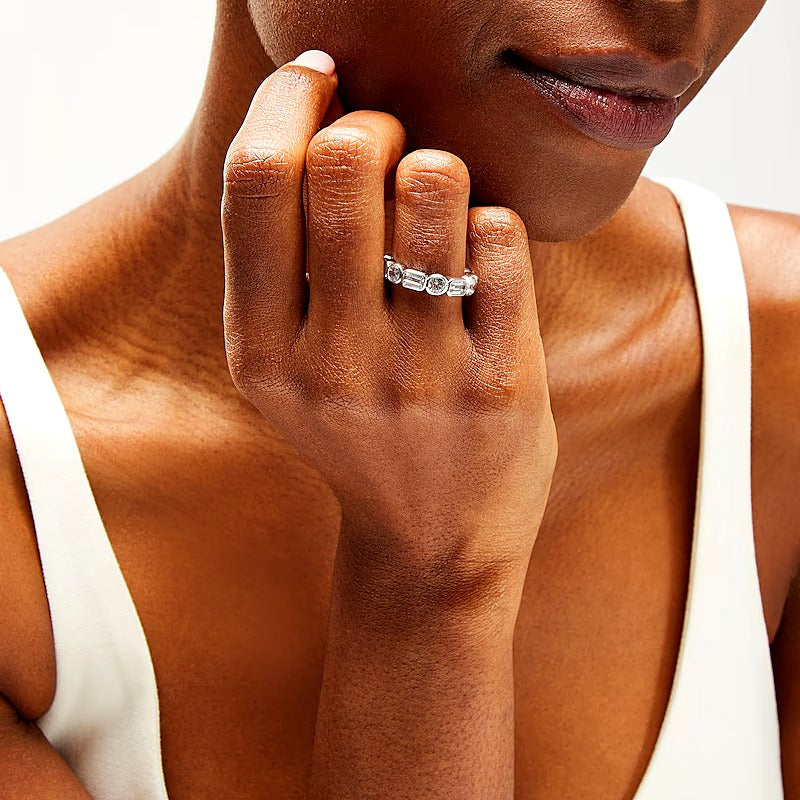 2.63 CT. TW Emerald-Cut and Round Lab-Grown Diamond Bezel-Set Anniversary Band in 14K White Gold (F/VS2)
