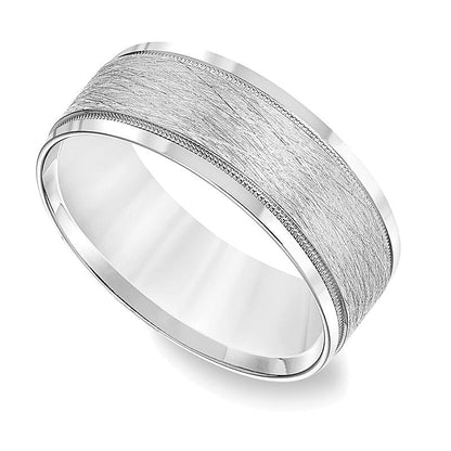 8.0mm Comfort-Fit Brushed Center Milgrain Wedding Band in 14K White Gold