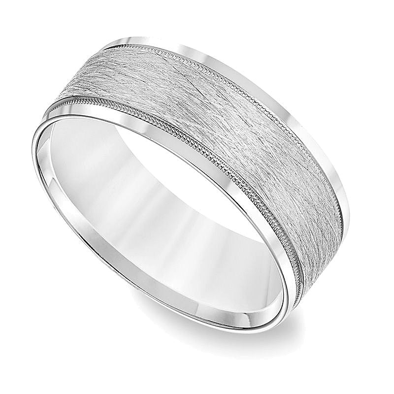 8.0mm Comfort-Fit Brushed Center Milgrain Wedding Band in 14K White Gold