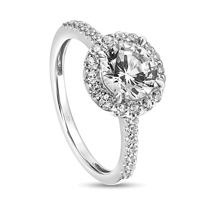 7.0mm White Lab-Created Sapphire Framed Engagement Ring in Sterling Silver