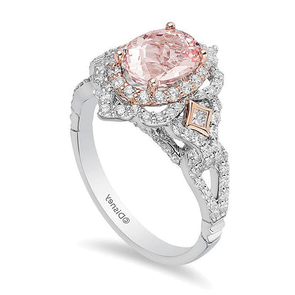 Enchanted Disney Aurora Oval Morganite and 0.75 CT. TW Diamond Scallop Frame Engagement Ring in 14K Two-Tone Gold