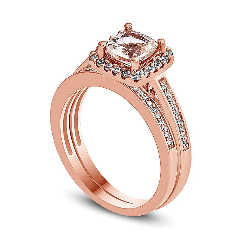 5.0mm Cushion-Cut Morganite and 0.2 CT. TW Diamond Frame Bridal Set in 10K Rose Gold