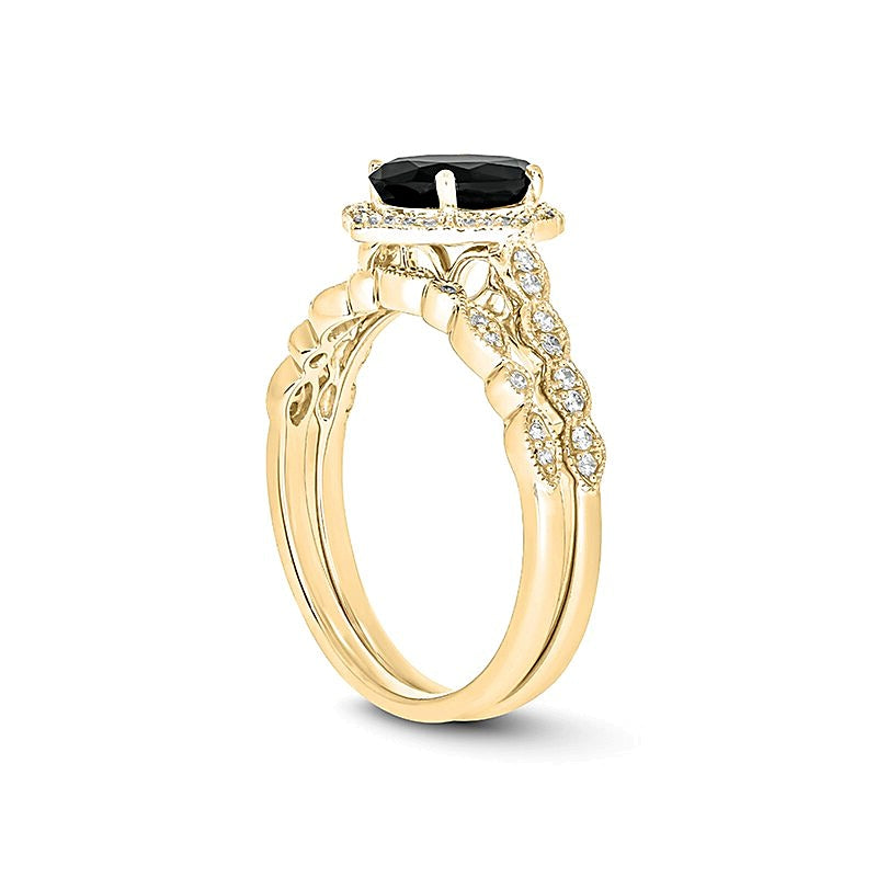 Oval Black Sapphire and 0.2 CT. TW Diamond Quatrefoil Frame Art Deco Vintage-Style Bridal Set in 10K Gold