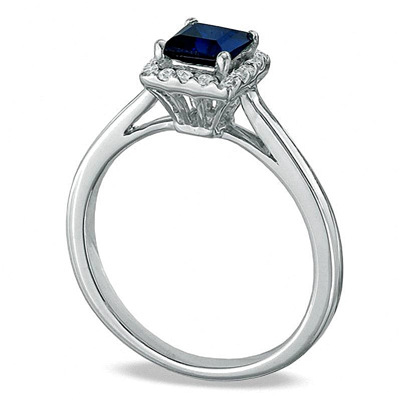Princess-Cut Lab-Created Blue Sapphire and 0.14 CT. TW Diamond Engagement Ring in 10K White Gold
