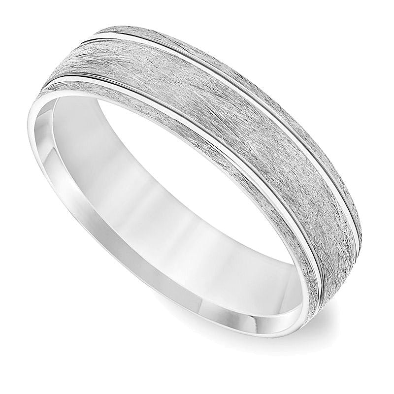 6.0mm Comfort-Fit Brushed Wire-Textured Grooved Wedding Band in 14K White Gold