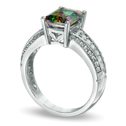 Emerald-Cut Mystic FireÂ® Topaz and 0.17 CT. TW Diamond Ring in 10K White Gold