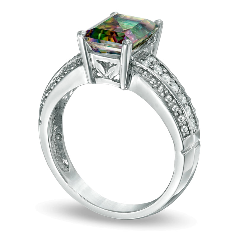 Emerald-Cut Mystic FireÂ® Topaz and 0.17 CT. TW Diamond Ring in 10K White Gold