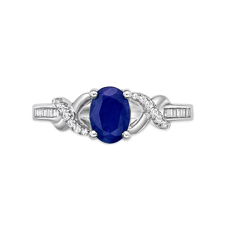 Oval Blue Sapphire and 0.17 CT. TW Diamond Crossover Split Shank Ring in 10K White Gold