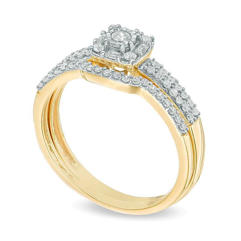 0.33 CT. TW Diamond Cushion Frame Double-Row Bridal Set in 10K Gold