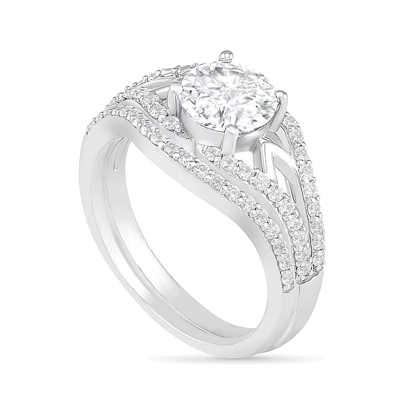 7.0mm White Lab-Created Sapphire Geometric Pointed Split Shank Bridal Set in Sterling Silver