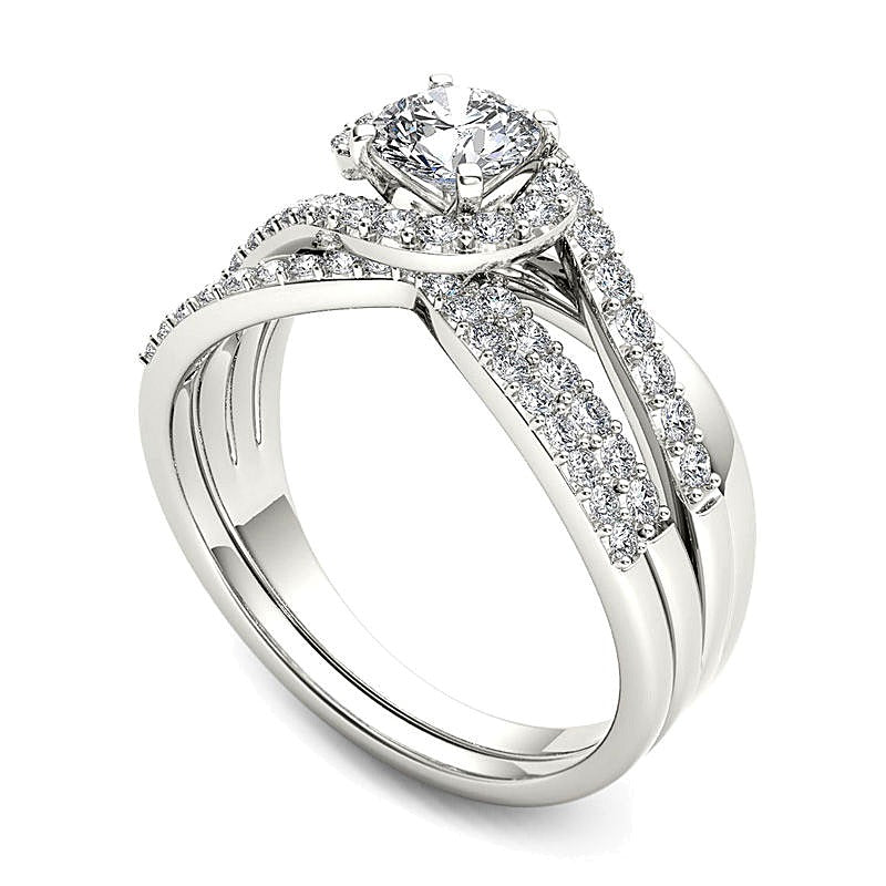 1.0 CT. TW Diamond Swirl Bypass Bridal Set in 14K White Gold