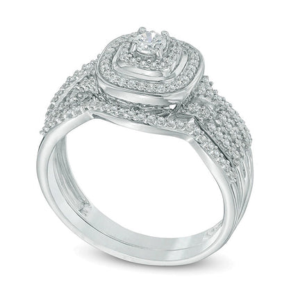 0.5 CT. TW Diamond Cushion Frame Twist Shank Bridal Set in 10K White Gold