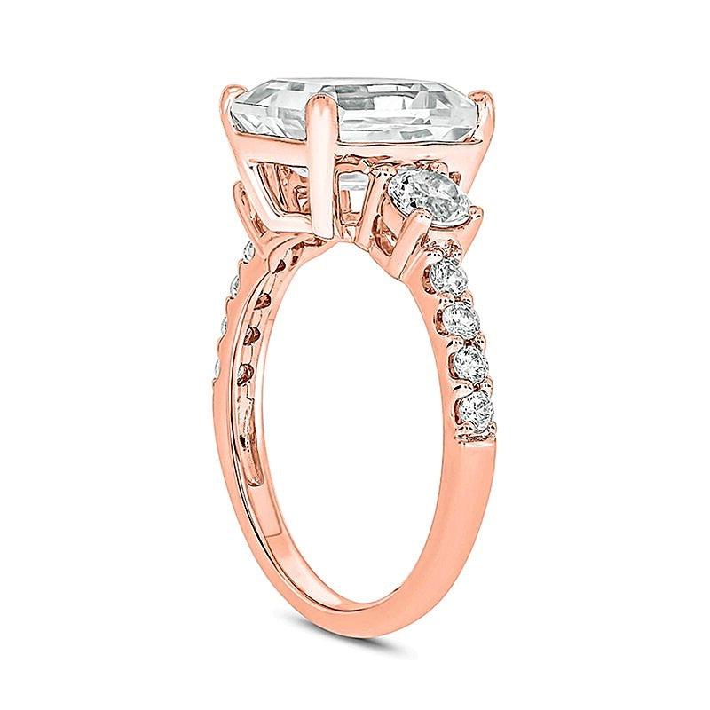 Emerald-Cut and Round White Lab-Created Sapphire and 0.2 CT. TW Diamond Three Stone Ring in 10K Rose Gold