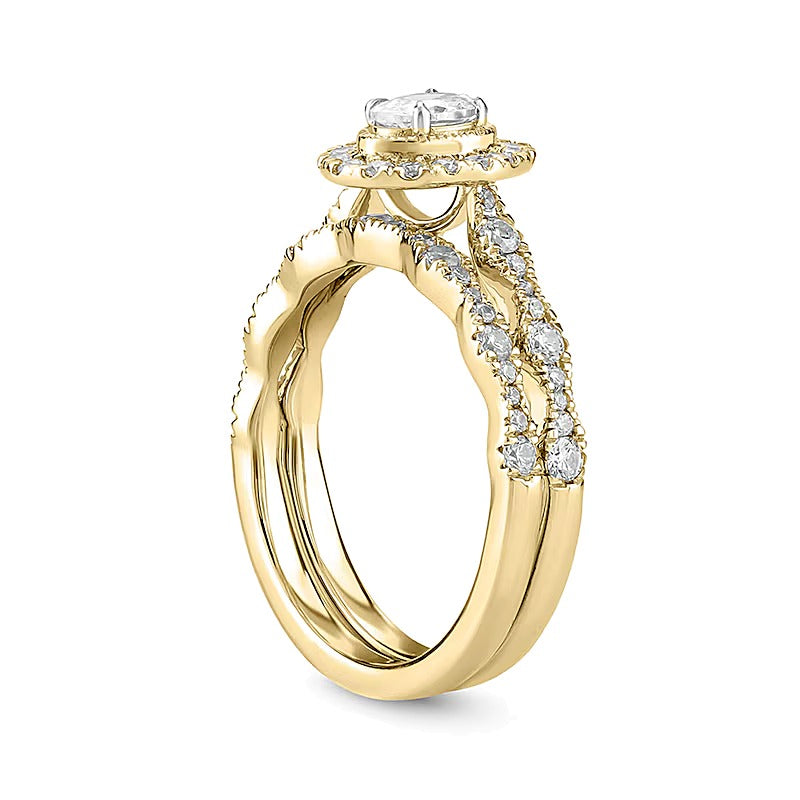 1.0 CT. TW Oval Diamond Frame Vintage-Style Bridal Set in 14K Gold