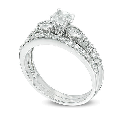 4.0mm Lab-Created White Sapphire and 0.2 CT. TW Diamond Bridal Set in 10K White Gold